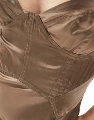 Asos Design Satin Corset Detail Pin Tuck Bias Maxi Dress In Brown