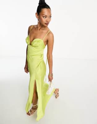 Asos Design Satin Corset Detail Plunge Midi Dress In Lime Green