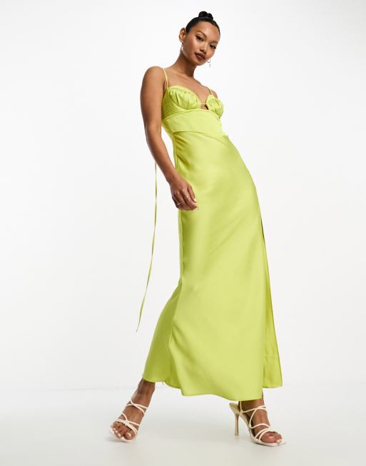 ASOS DESIGN satin corset detail plunge midi dress in lime green