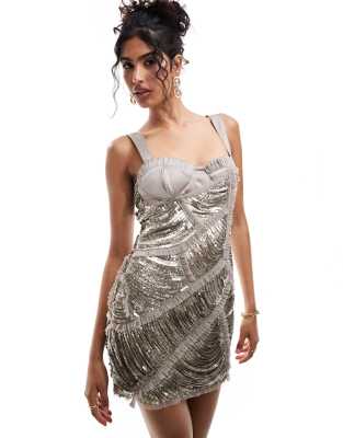 Asos Design Satin Corset Draped Sequin Mini Dress In Oyster-white