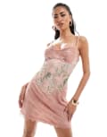 [ASOS DESIGN] ASOS DESIGN satin corset mini dress with lace detail in pink floral print-Multi 14 Pink floral