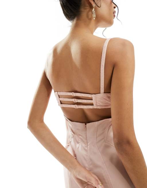 ASOS DESIGN satin corset pencil midi dress with lace overlay in pink