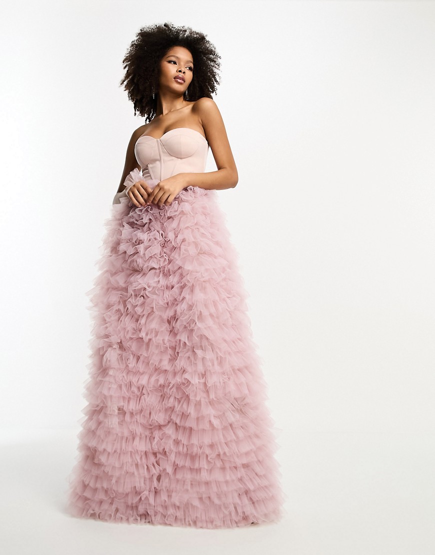 ASOS DESIGN satin corset premium bandeau mesh ruffle maxi dress in dusty pink