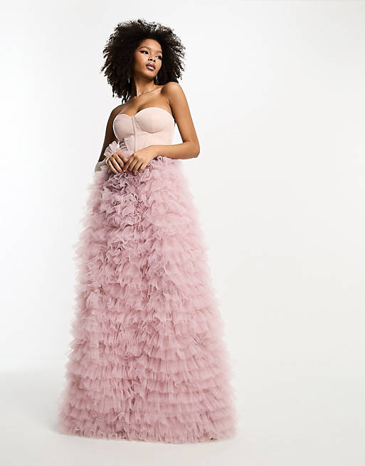 ASOS DESIGN satin corset premium bandeau mesh ruffle maxi dress in dusty  pink
