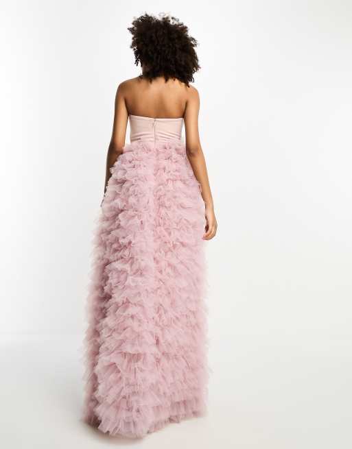 ASOS DESIGN satin corset premium bandeau mesh ruffle maxi dress in dusty  pink | ASOS