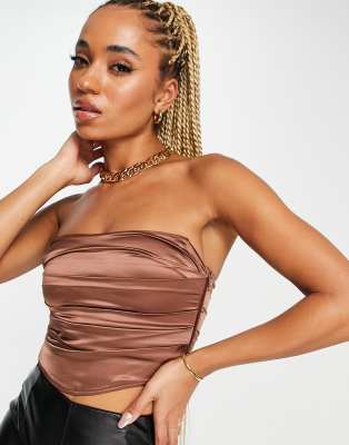 Asos Design Satin Corset Top In Chocolate-brown