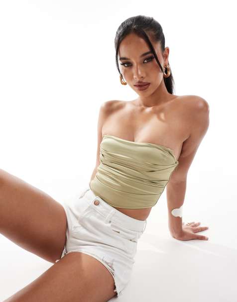 ASOS DESIGN satin corset top in sage - view 1
