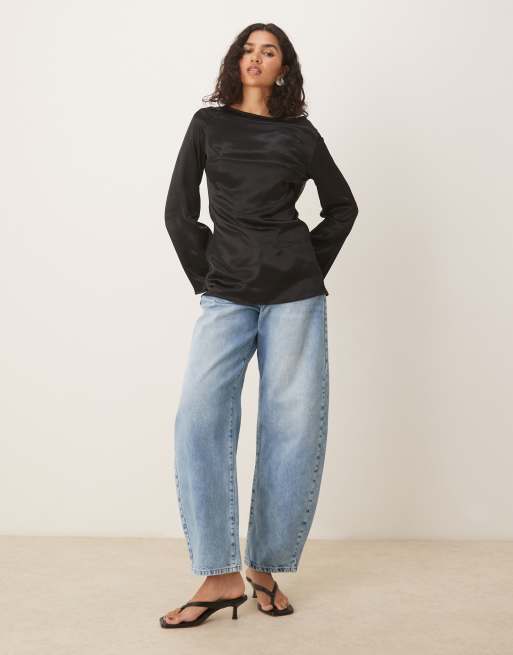 ASOS DESIGN satin cowl back angel sleeve top in black, 4 of 4