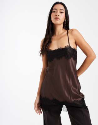 Asos Design Satin Cowl Back Lace Trim Cami Top In Brown