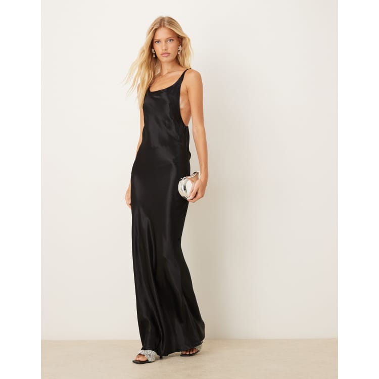 black satin cowl back dress asos TFNC Plus long sleeve satin cowl back maxi dress in black