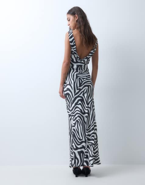 ASOS DESIGN satin cowl back maxi dress in zebra print