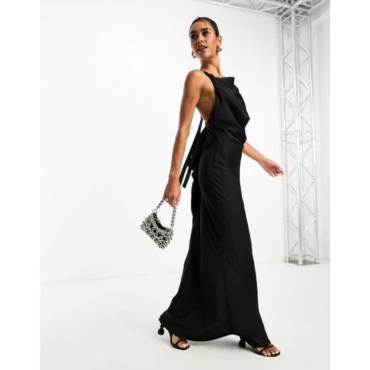 ASOS DESIGN satin cowl back maxi dress with buckle strap detail in