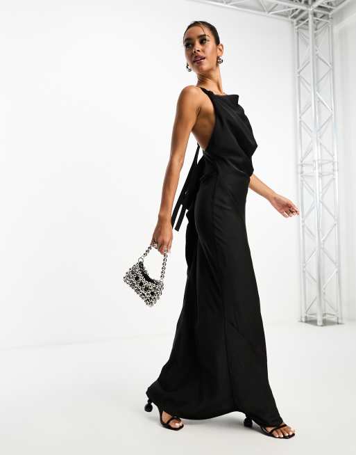 Cowl Neck With Strappy Back Satin Maxi - Black