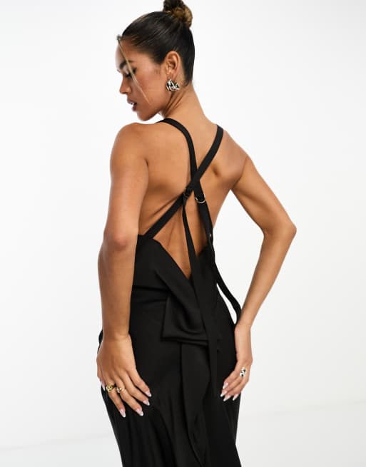 Black Black Halter Satin Open Back Maxi Dress