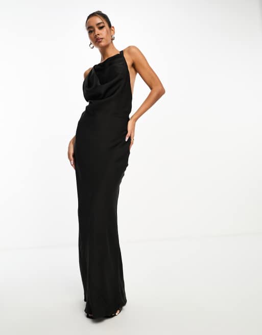 Asos Design Satin High Neck Drape Maxi Dress With Puddle Hem In