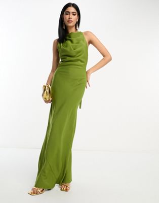 ASOS DESIGN satin cowl back maxi dress with buckle strap detail in olive