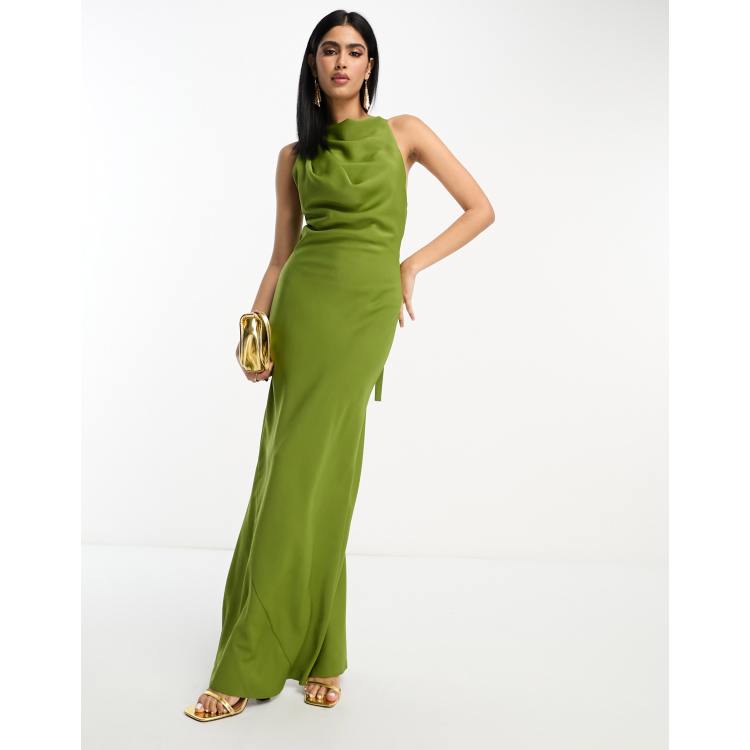 ASOS DESIGN satin cowl neck maxi dress with tie cuff detail in