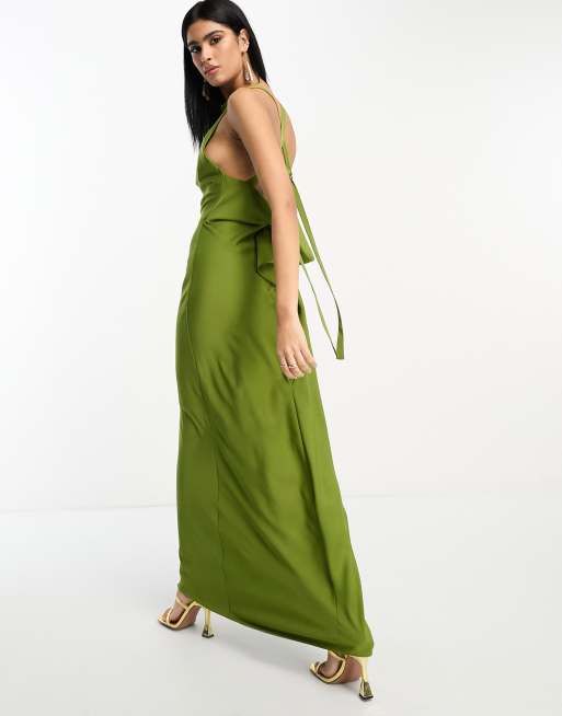 ASOS DESIGN satin cowl back maxi dress with buckle strap detail in