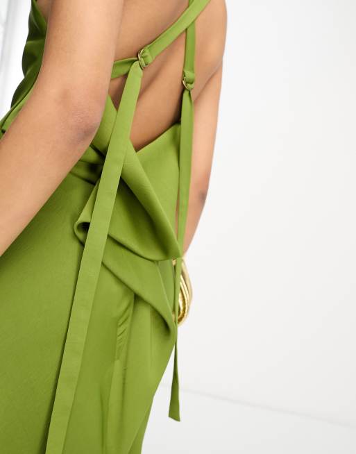 ASOS DESIGN satin cowl back maxi dress with buckle strap detail in olive, 4 of 4