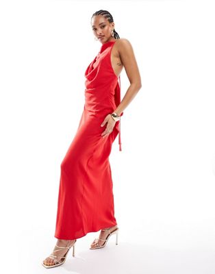 Asos Design Satin Cowl Back Maxi Dress With Buckle Strap Detail In Red