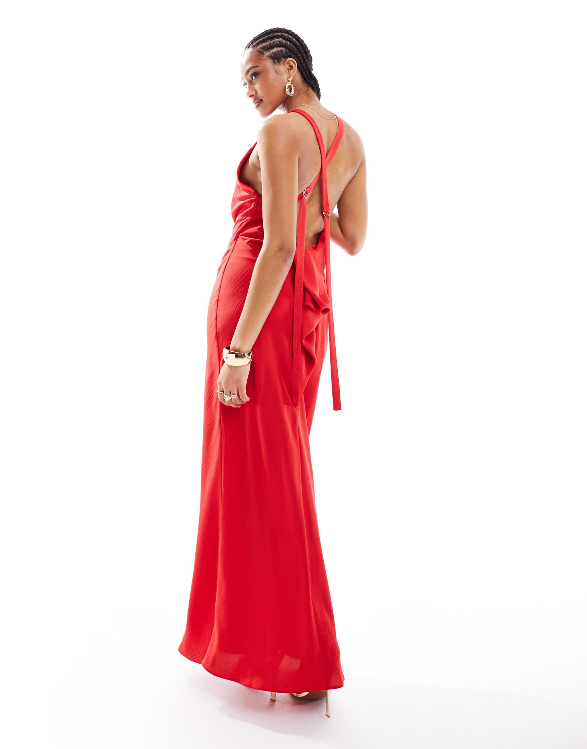 asos design satin cowl back maxi dress with buckle strap detail in red