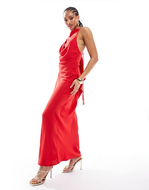FhyzicsShops DESIGN satin cowl back maxi linen dress with buckle strap detail in red