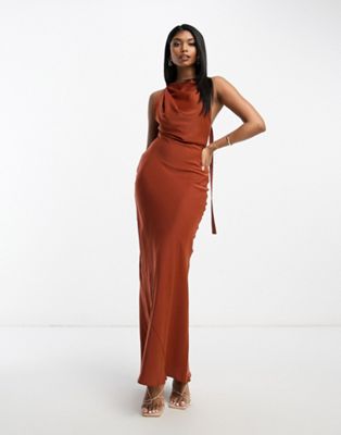 ASOS DESIGN satin cowl back maxi dress with buckle strap detail in rust