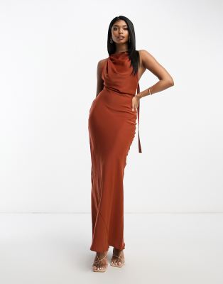 ASOS DESIGN deep cowl neck mesh maxi dress with exposed bra detail in brown  tonal stripe