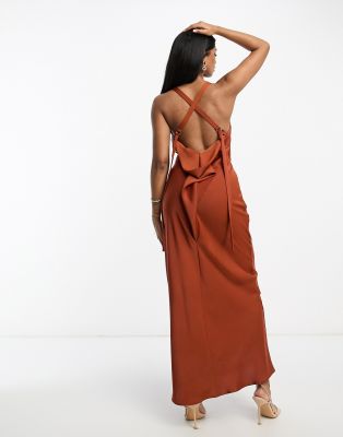 ASOS DESIGN satin cowl back maxi dress with buckle strap detail in