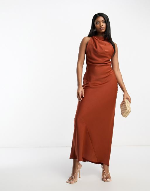 ASOS DESIGN satin cowl back maxi dress with buckle strap detail in rust