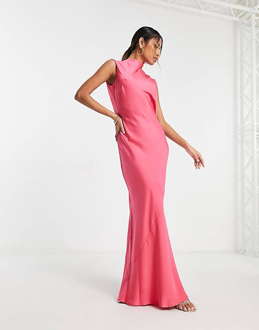 cowl dress | pink in back ASOS high maxi with neck hot satin ASOS DESIGN