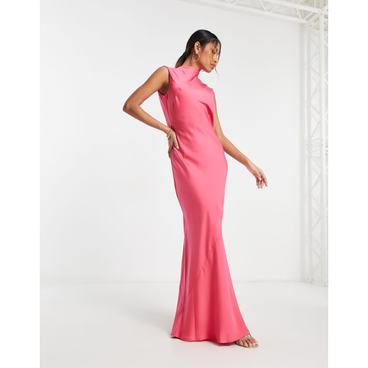 ASOS Design Satin Bandeau Midi Dress with Cowl Back in Hot Pink