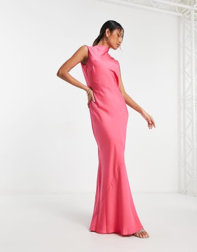 ASOS DESIGN satin cowl back maxi dress with high neck in hot pink