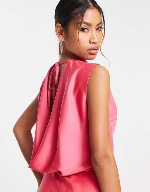 ASOS DESIGN satin cowl back maxi dress with high neck in hot pink