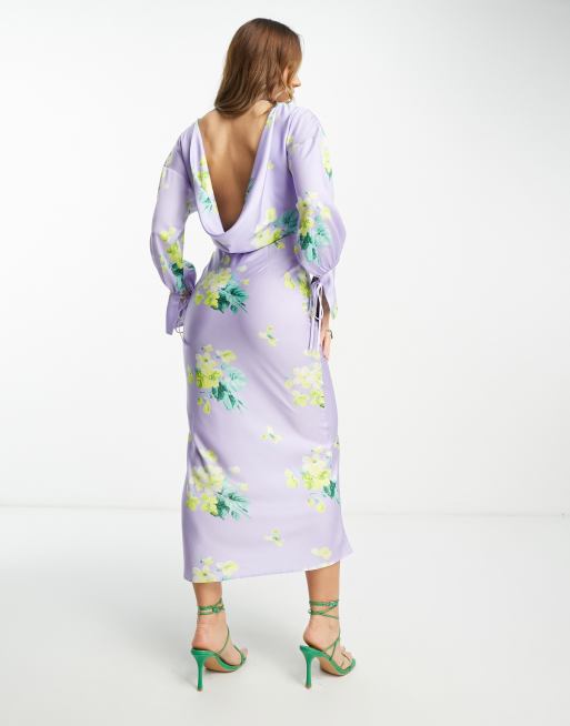 ASOS DESIGN satin cowl back midaxi dress with tie cuff detail in lilac  floral print