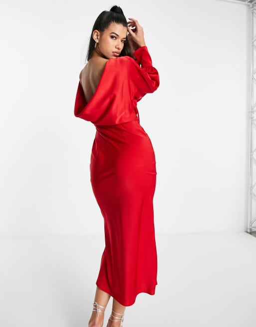 ASOS DESIGN satin cowl back midaxi dress with tie cuff detail in red