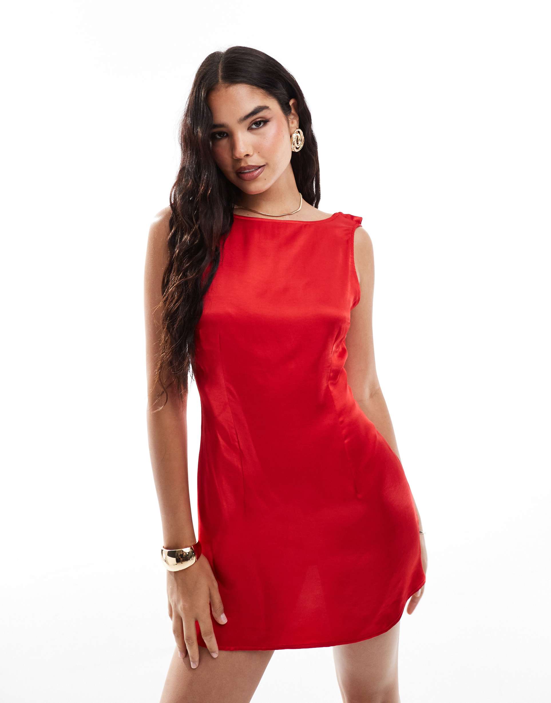 asos design satin cowl back mini dress in red