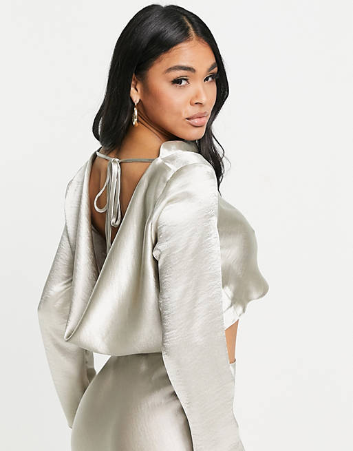  satin cowl back top in silver co-ord 