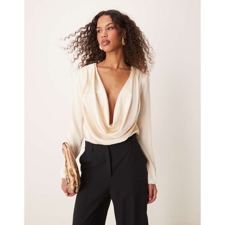 ASOS DESIGN satin cowl bodysuit in oyster ASOS