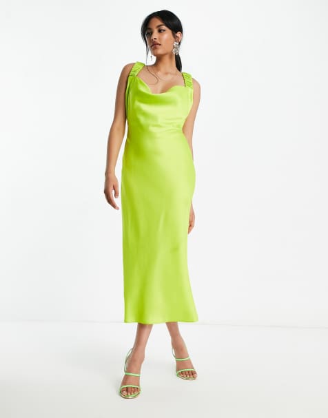 ASOS DESIGN satin cowl front midi dress with ruched strap detail in bright green - view 1