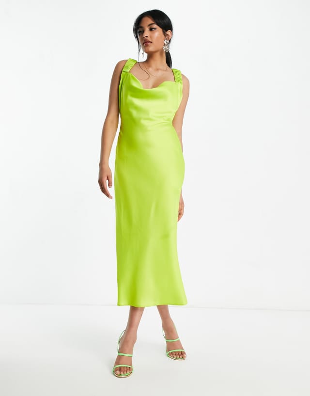 ASOS DESIGN satin cowl front midi dress with ruched strap detail in bright green