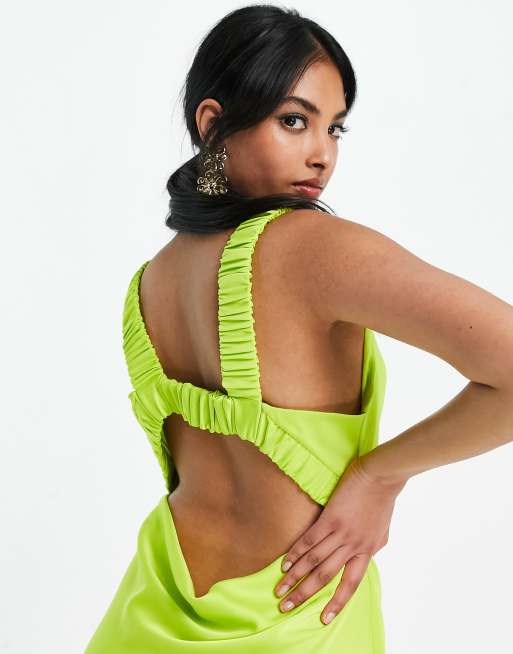 ASOS DESIGN satin cowl front midi dress with ruched strap detail in bright green, 2 of 4