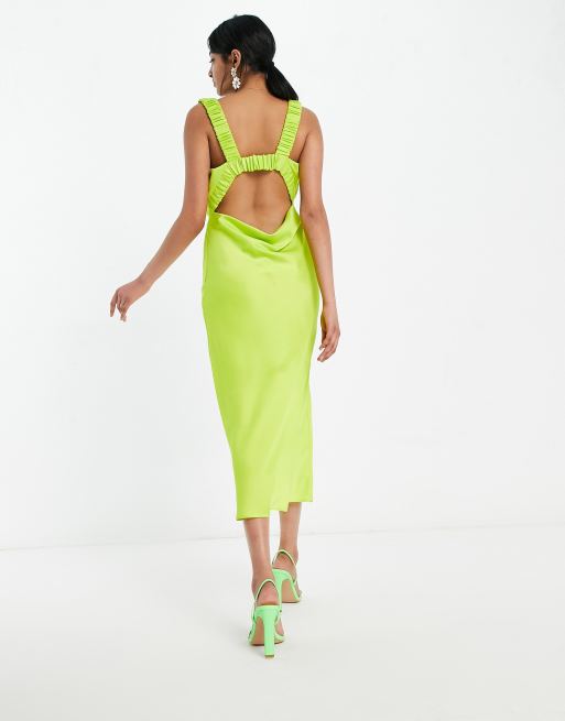 ASOS DESIGN satin cowl front midi dress with ruched strap detail in bright green, 3 of 4