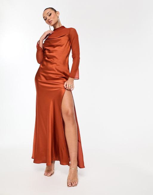 Bridesmaid Cowl Neck Long Sleeve Maxi Dress