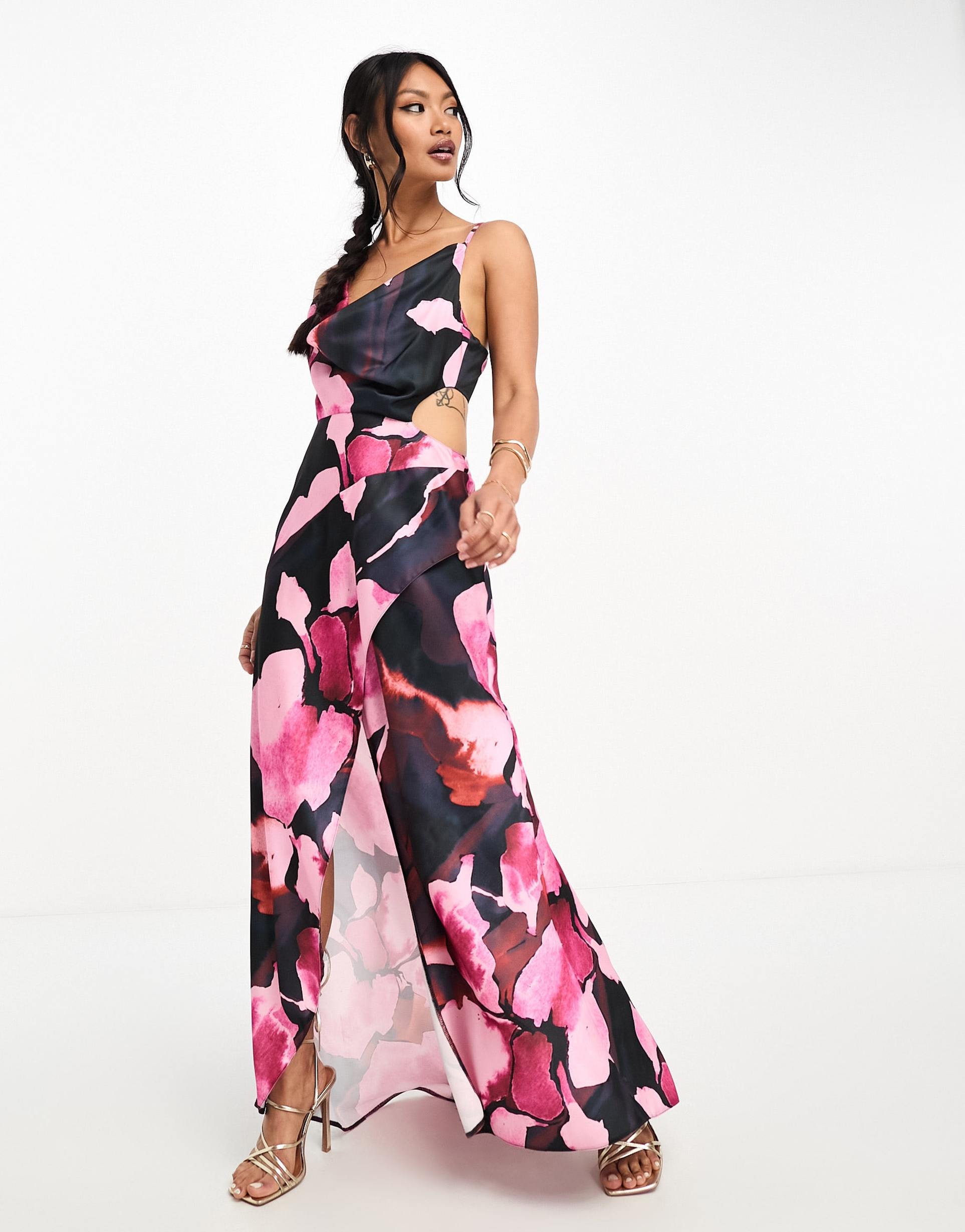 asos design satin cowl midaxi dress with cut out waist and graduated hem in black floral print