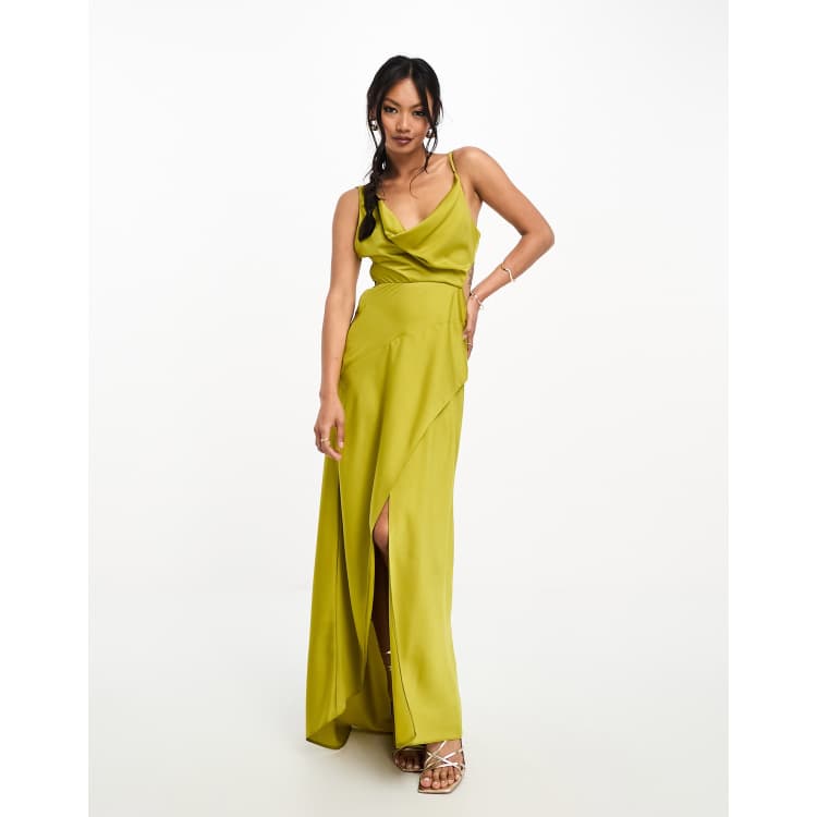 Yellow Slim Satin Cowl Neck Bridesmaids Midi Dress