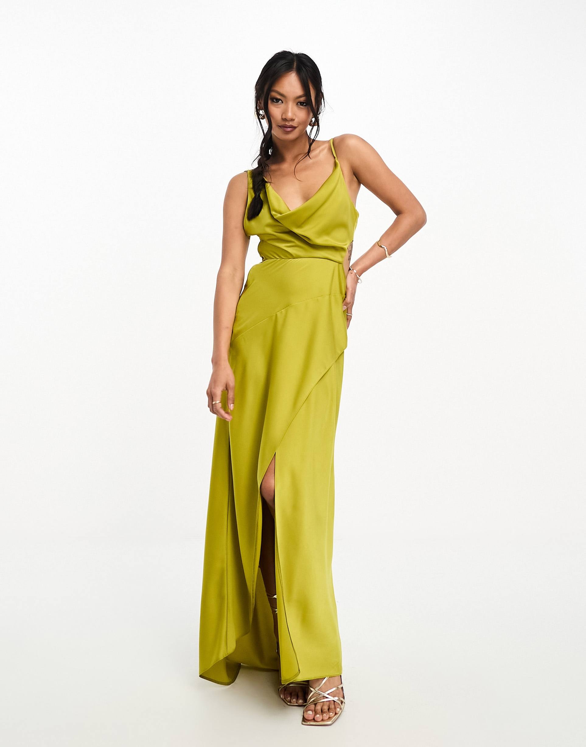 asos design satin cowl midaxi dress with cut out waist and graduated hem in chartreuse