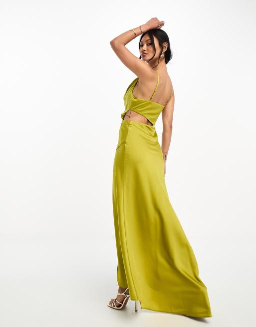 ASOS DESIGN satin cowl midaxi dress with cut out waist and graduated hem in  chartreuse