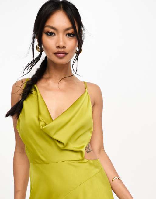 ASOS DESIGN satin cowl midaxi dress with cut out waist and graduated hem in  chartreuse