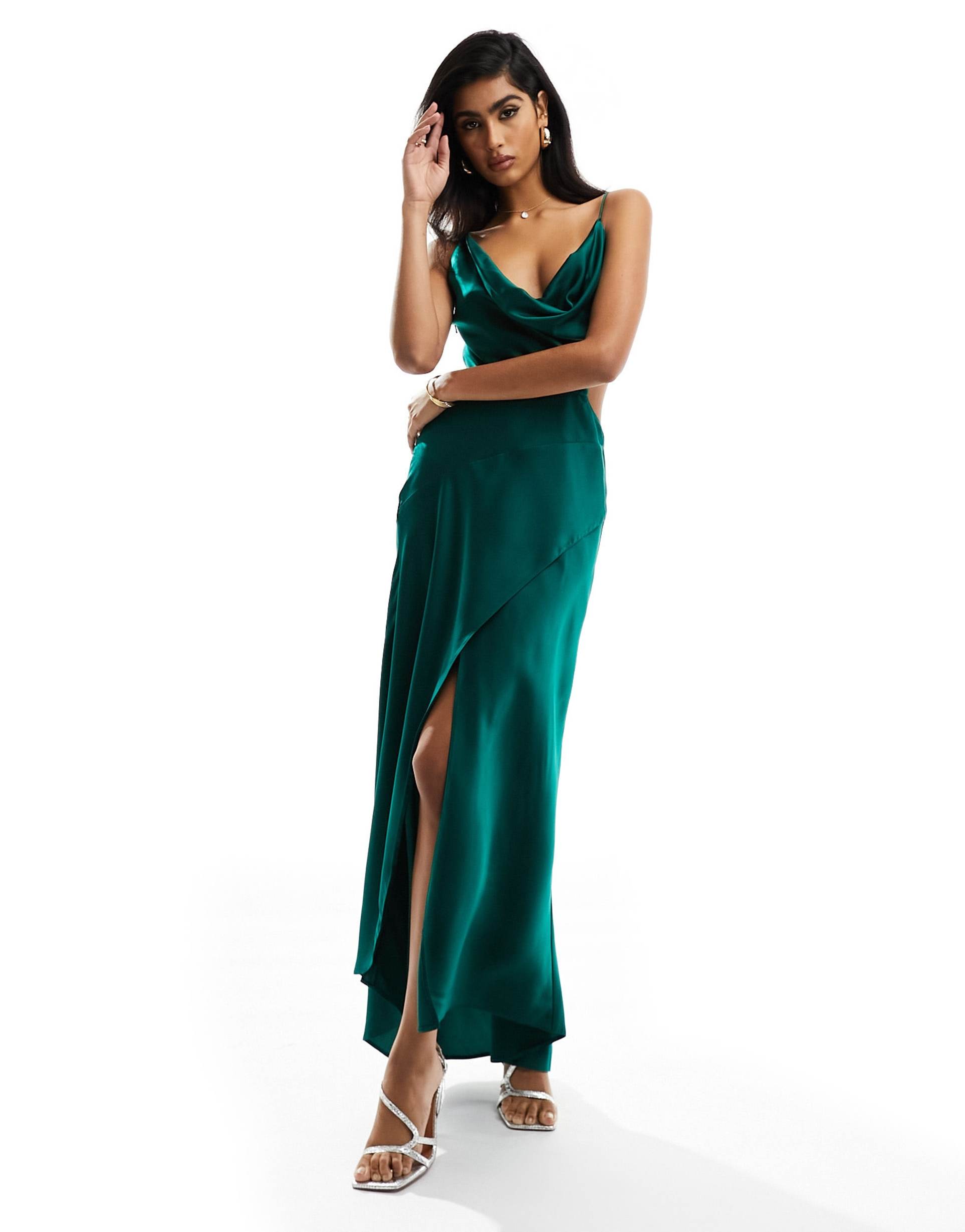 asos design satin cowl midaxi dress with cut out waist and graduated hem in dark green